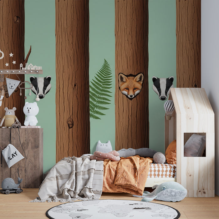 Dětská pokojová tapeta | Zvířata z lesa skrytá za stromy