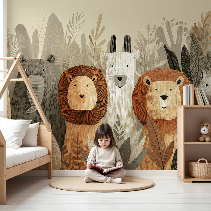 Carta da parati per cameretta bambini | Animali del bosco in toni morbidi e naturali
