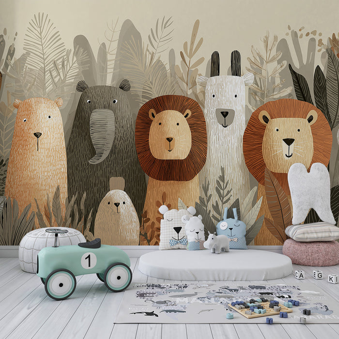 Carta da parati per cameretta bambini | Animali del bosco in toni morbidi e naturali