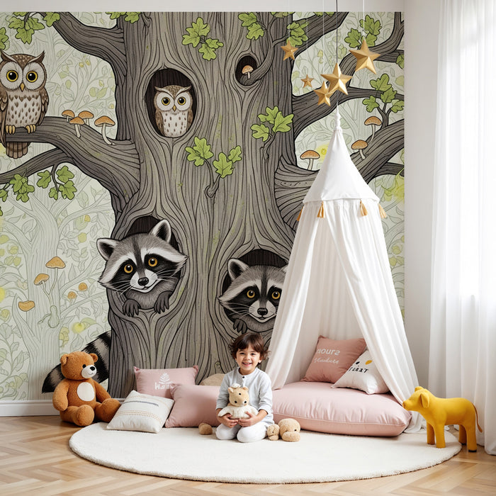 Papier peint chambre enfant | Animaux de la forêt dans un arbre