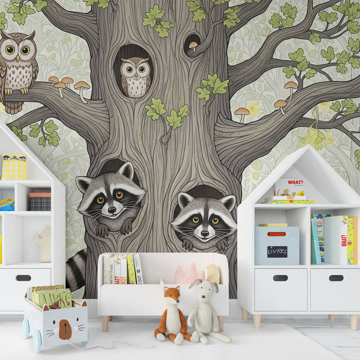 Papier peint chambre enfant | Animaux de la forêt dans un arbre