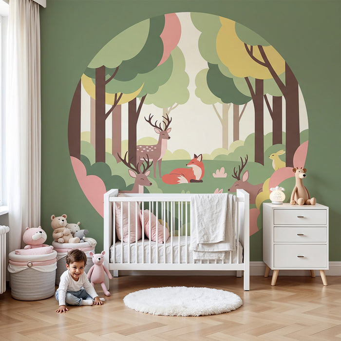Carta da parati bambini | Animali del bosco in un ambiente rilassante