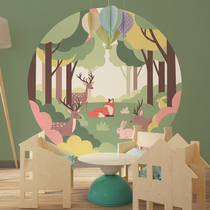 Carta da parati bambini | Animali del bosco in un ambiente rilassante