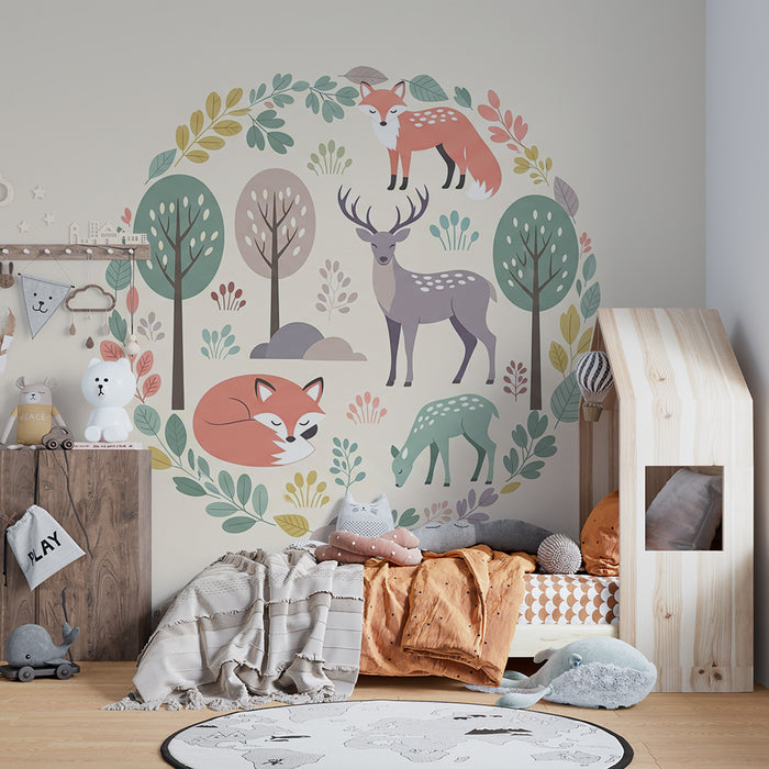 Børneværelse tapet | Skovens dyr i en blid blomster ramme