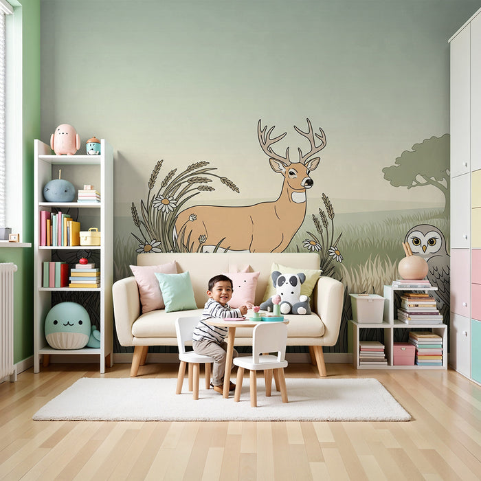 Papel pintado infantil | Animales del bosque en un paisaje campestre tranquilizador