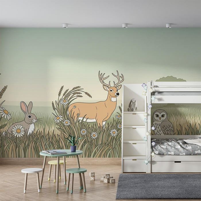 Papel pintado infantil | Animales del bosque en un paisaje campestre tranquilizador