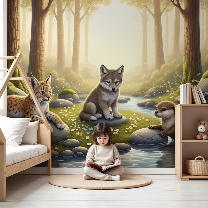 Behang kinderkamer | Bosdieren in een betoverend landschap