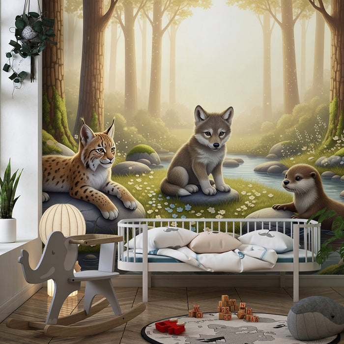 Behang kinderkamer | Bosdieren in een betoverend landschap
