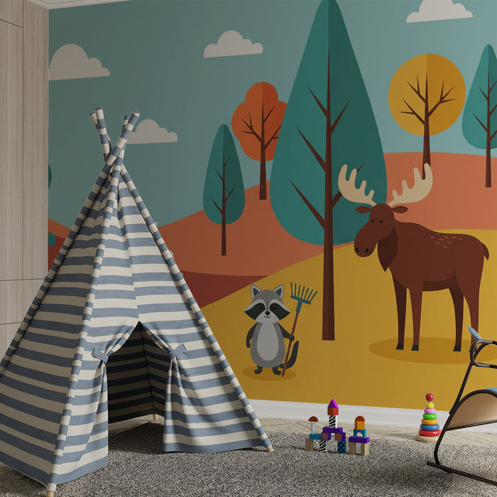 Papier peint chambre enfant | Animaux de la forêt en automne avec un ours, un lièvre et un élan