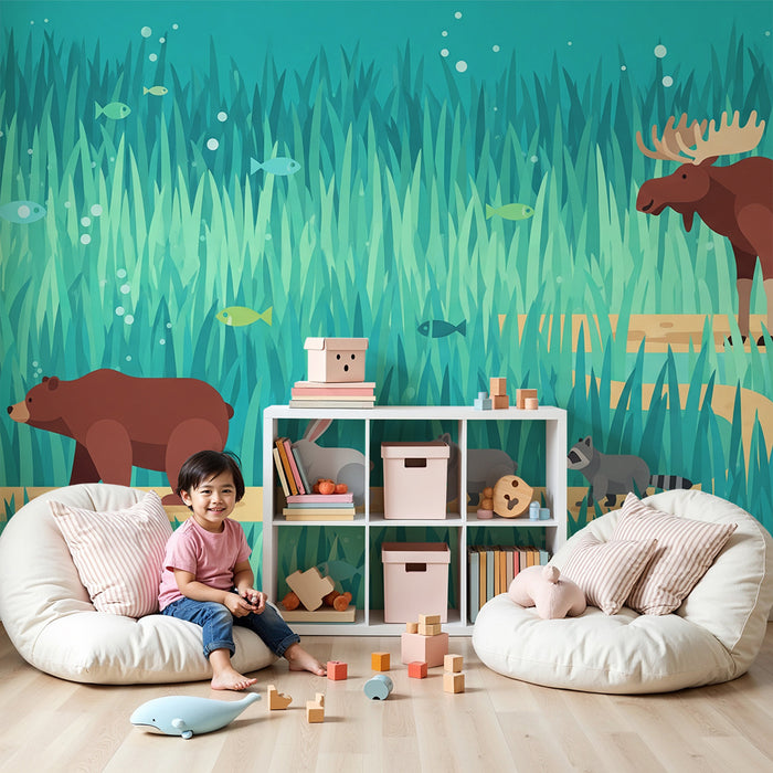 Papel de parede para quarto infantil | Animais da floresta num passeio à beira-água