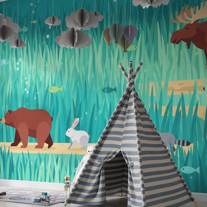 Papel de parede para quarto infantil | Animais da floresta num passeio à beira-água