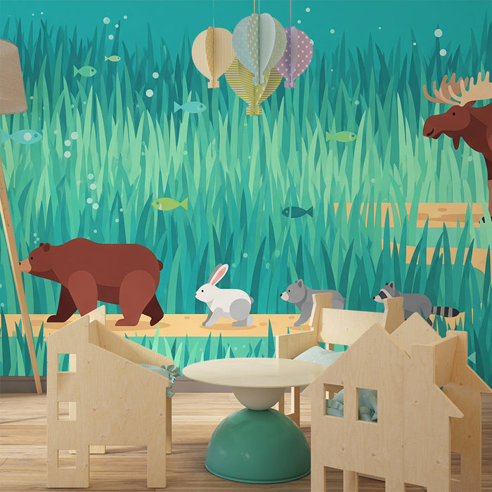 Papel de parede para quarto infantil | Animais da floresta num passeio à beira-água