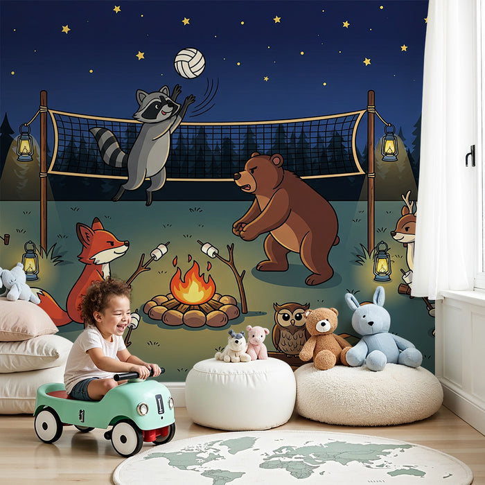 Kids' Room Wallpaper | Forest Animals Camping Around a Campfire