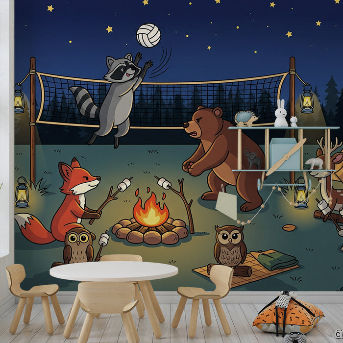 Kids' Room Wallpaper | Forest Animals Camping Around a Campfire