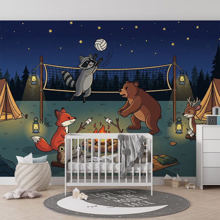 Kids' Room Wallpaper | Forest Animals Camping Around a Campfire