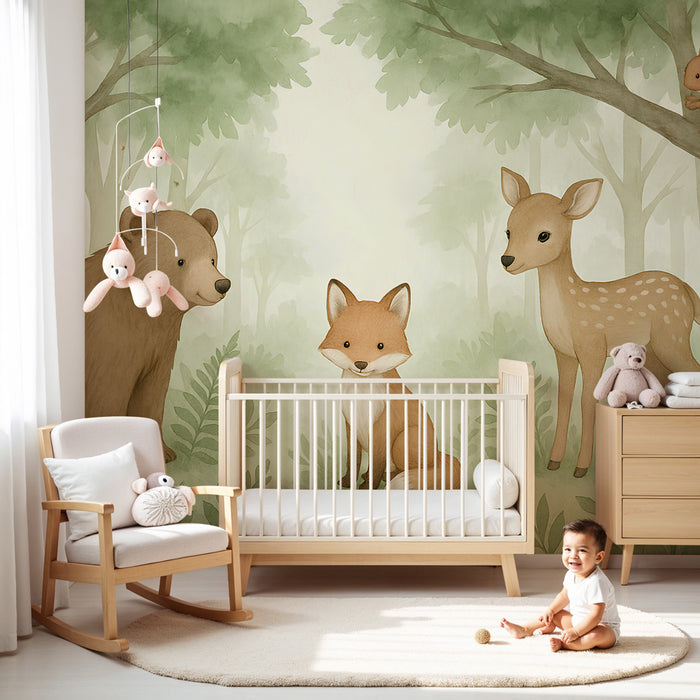 Papier peint chambre enfant | Animaux de la forêt en douceur