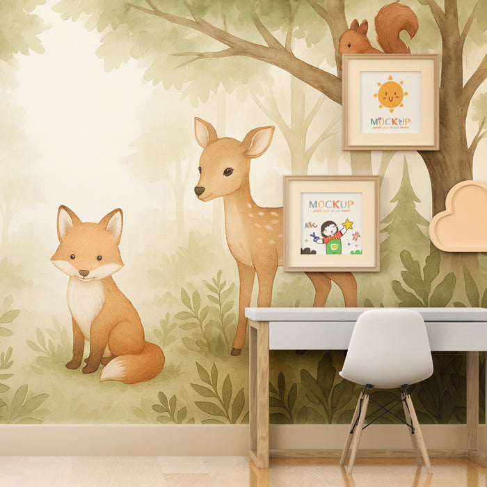Papier peint chambre enfant | Animaux de la forêt en douceur