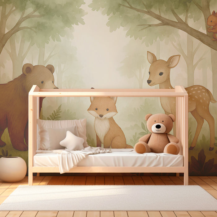 Papier peint chambre enfant | Animaux de la forêt en douceur