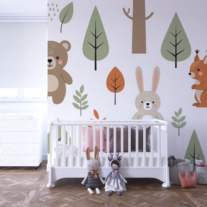 Papier peint chambre enfant | Animaux de la forêt en douceur et vert sauge