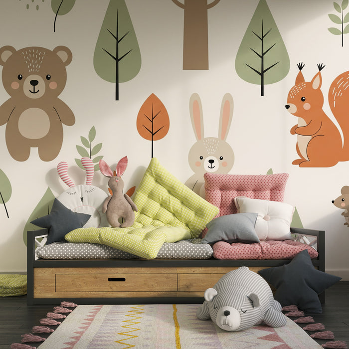 Papier peint chambre enfant | Animaux de la forêt en douceur et vert sauge