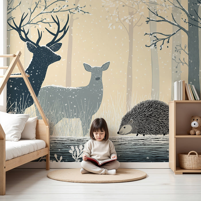 Kinderzimmer Tapete | Waldtiere im Winter mit Igeln und Hirschen