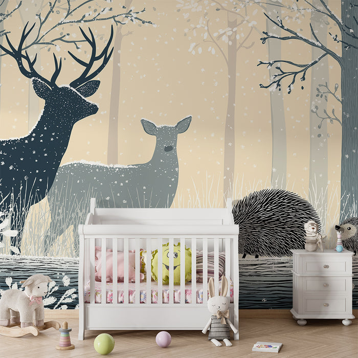 Kinderzimmer Tapete | Waldtiere im Winter mit Igeln und Hirschen