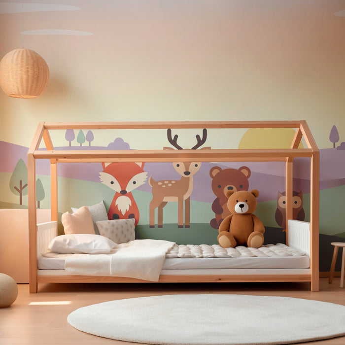Papier peint chambre enfant | Animaux de la forêt en pastel