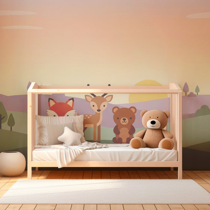 Papier peint chambre enfant | Animaux de la forêt en pastel