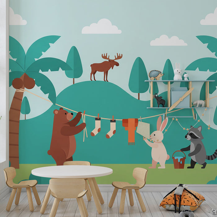 Papier peint chambre enfant | Animaux de la forêt en pleine activité ludique
