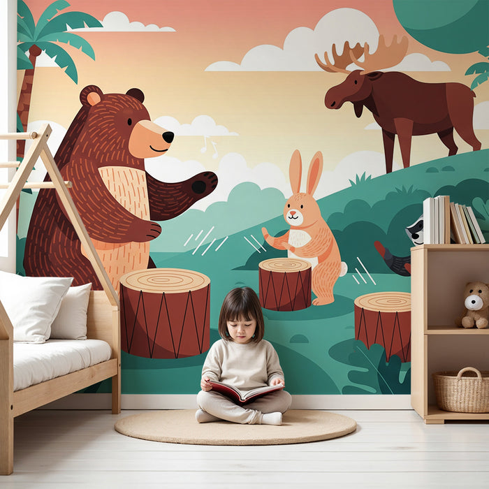 Børneværelses-tapet | Skovdyr i fuld musikalsk fest