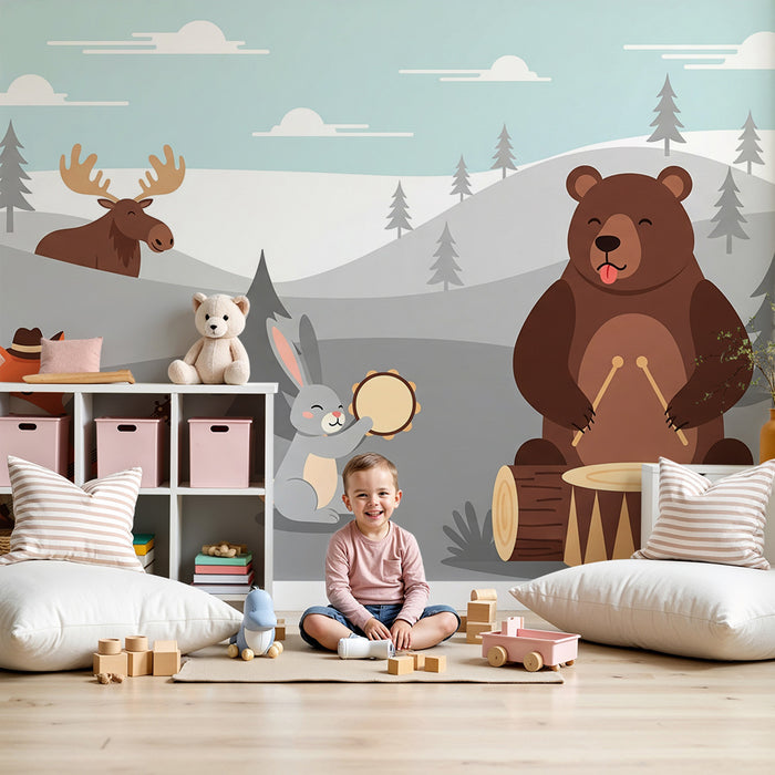 Behang kinderkamer | Feestende bosdieren met muziek