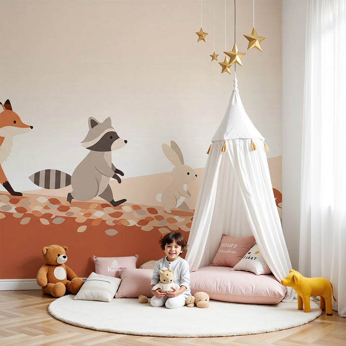 Kinderzimmer Tapete | Waldtiere spazieren mit bunten Pilzen