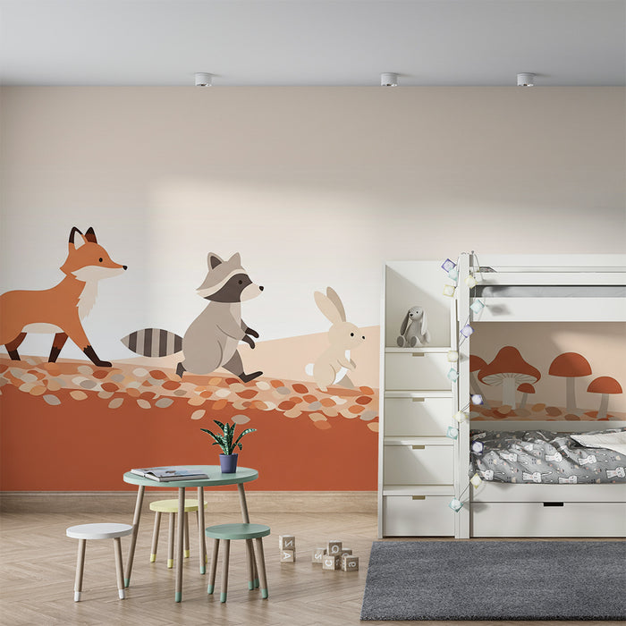 Kinderzimmer Tapete | Waldtiere spazieren mit bunten Pilzen