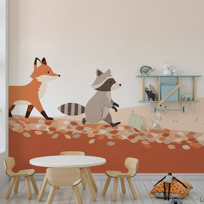 Kinderzimmer Tapete | Waldtiere spazieren mit bunten Pilzen