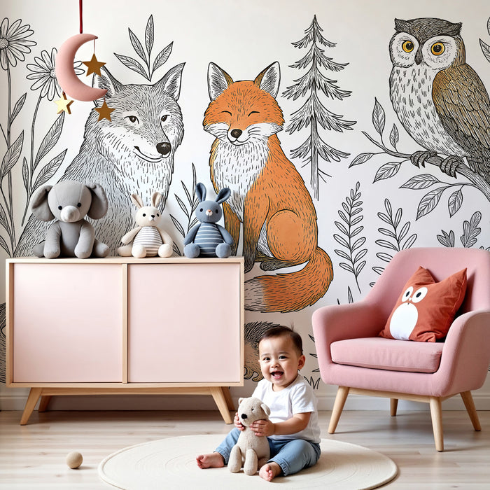 Papel de parede criança | Animais da floresta em tons de cores e natureza
