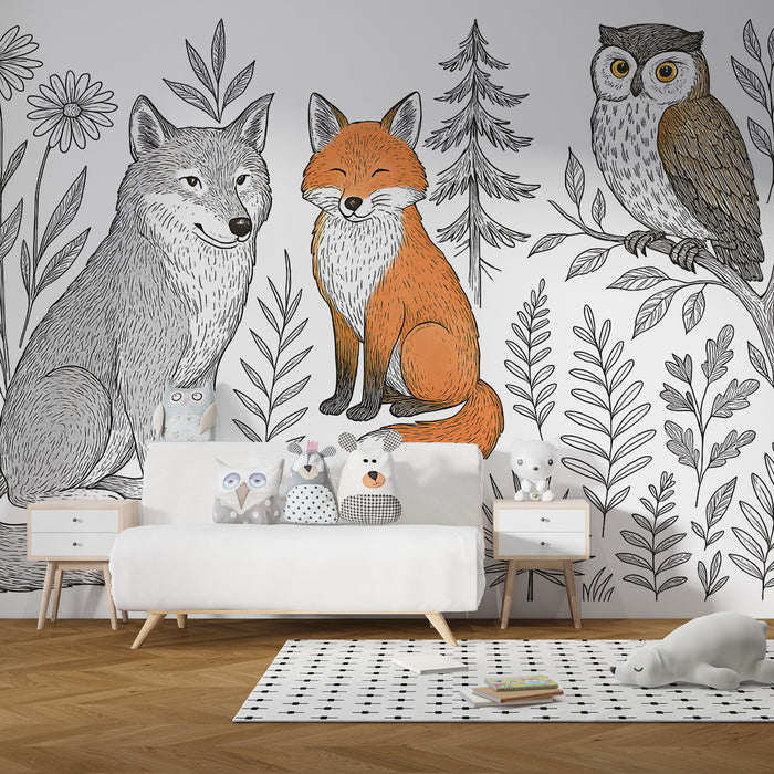 Papel de parede criança | Animais da floresta em tons de cores e natureza