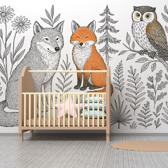 Papel de parede criança | Animais da floresta em tons de cores e natureza