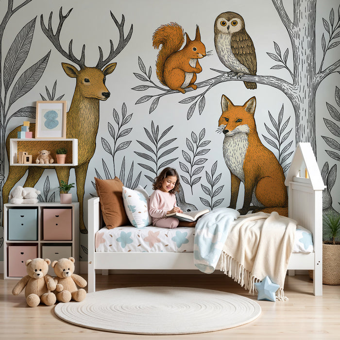 Papier peint chambre enfant | Animaux de la forêt et feuillage