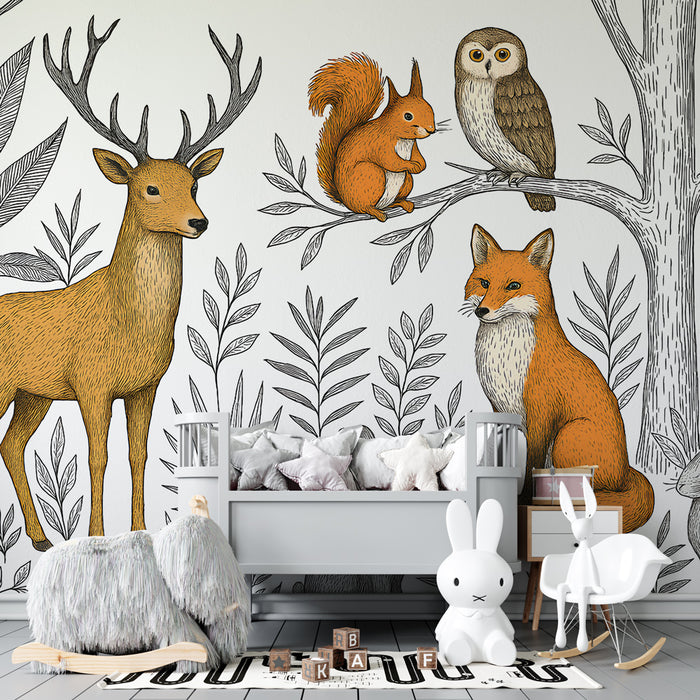 Papier peint chambre enfant | Animaux de la forêt et feuillage