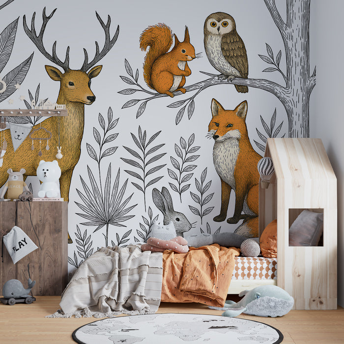 Papier peint chambre enfant | Animaux de la forêt et feuillage