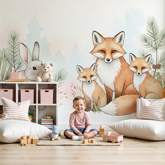 Papel pintado infantil | Animales del bosque y naturaleza suave