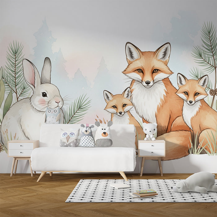 Papel pintado infantil | Animales del bosque y naturaleza suave