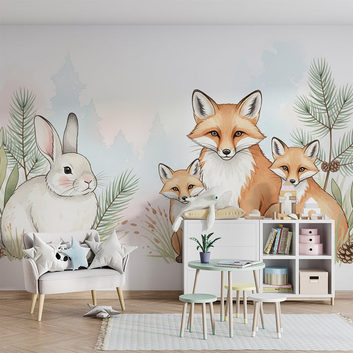 Papel pintado infantil | Animales del bosque y naturaleza suave