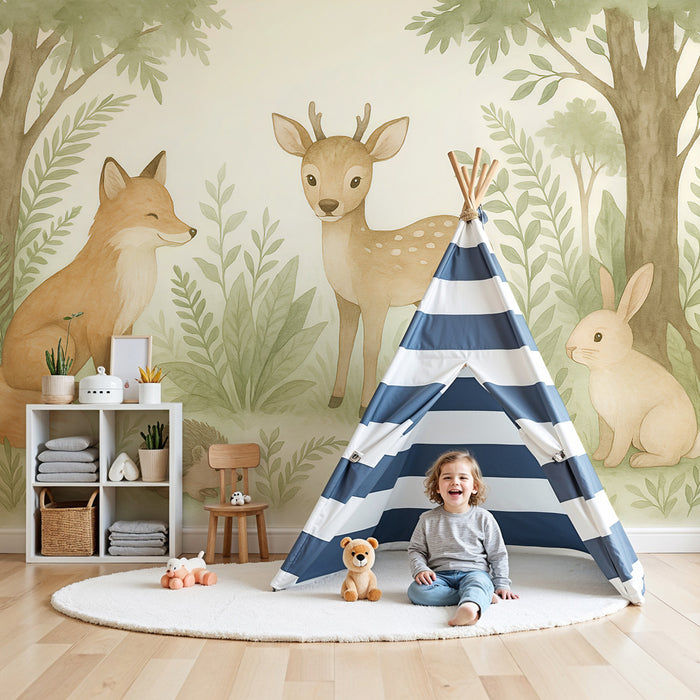 Papier peint chambre enfant | Animaux de la forêt et végétation douce