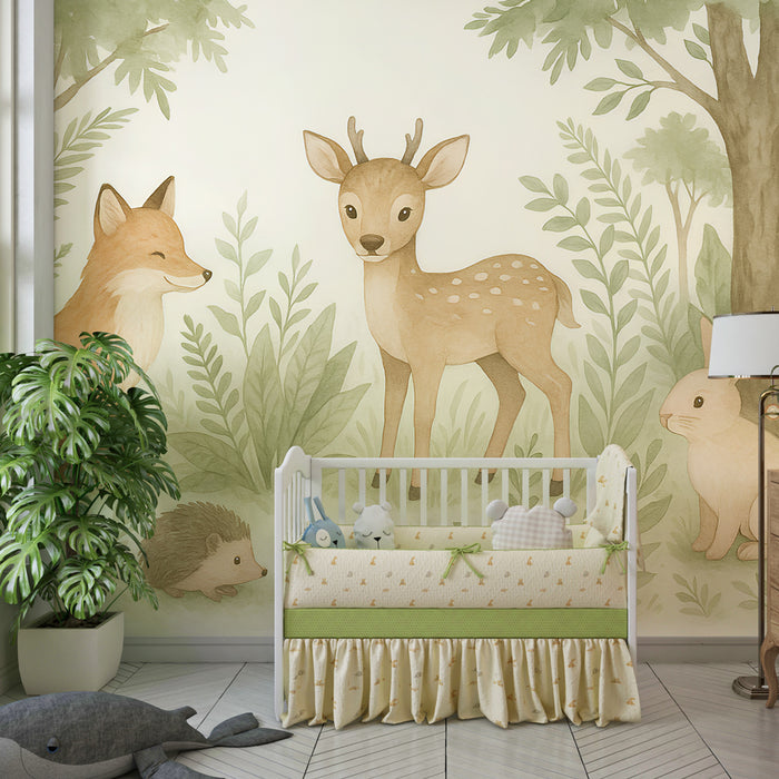 Papier peint chambre enfant | Animaux de la forêt et végétation douce