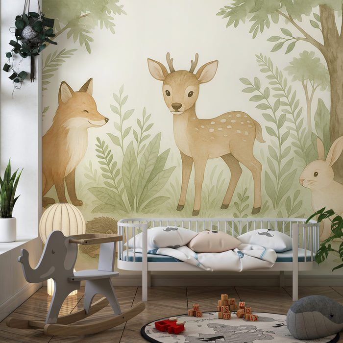 Papier peint chambre enfant | Animaux de la forêt et végétation douce