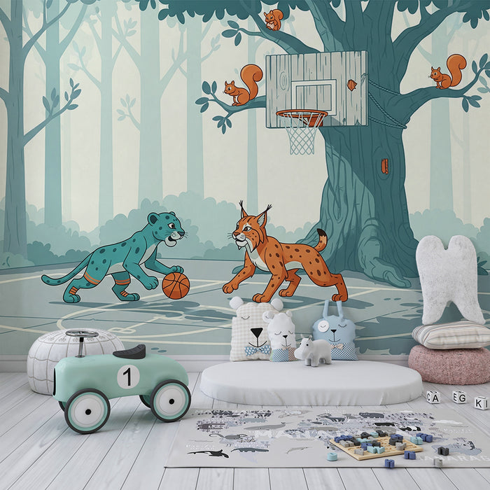Carta da parati per cameretta | Animali del bosco che giocano a basket in un ambiente divertente