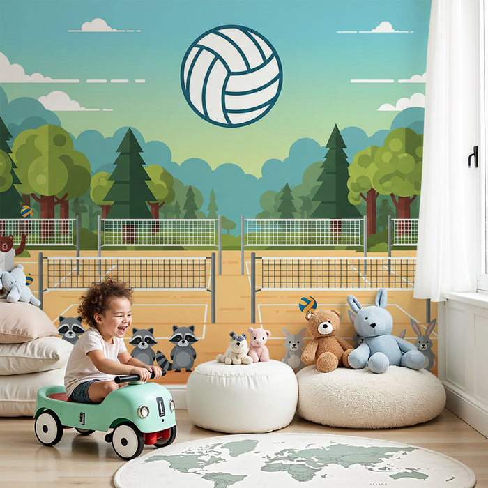 Papel pintado infantil | Animales del bosque jugando al voleibol