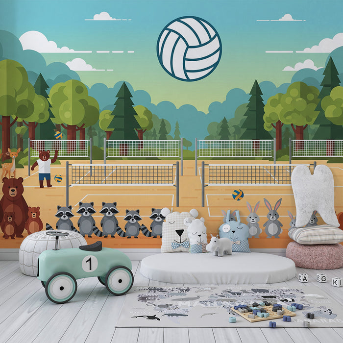 Papel pintado infantil | Animales del bosque jugando al voleibol