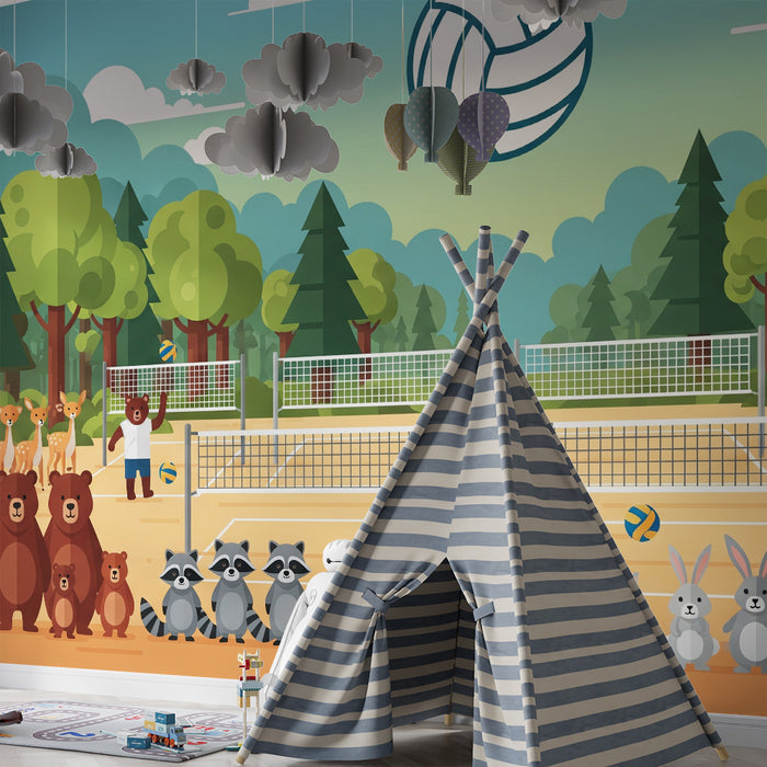 Papel pintado infantil | Animales del bosque jugando al voleibol